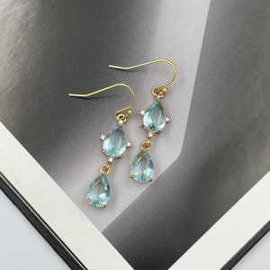 Aqua Blue Crystal Earrings, Gold Aquamarine Teardrop Earrings, Sparkly Dangle Earrings, Wedding Jewelry, Bridesmaid Gift, Blue Earrings |3