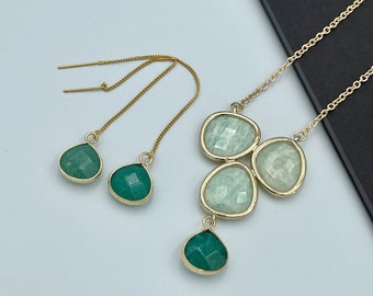 Green Jade Jewelry Set, Necklace and Earrings Statement Set, Jade Charm Necklace, Green Jade Thread Earrings, Jade Pendant Necklace |B2