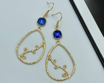 Sapphire Blue Crystal Earrings, Blue Chandelier Earrings, Gold Teardrop Filigree Earrings, Boho Earrings, Gold Teardrop Blue Earrings |14