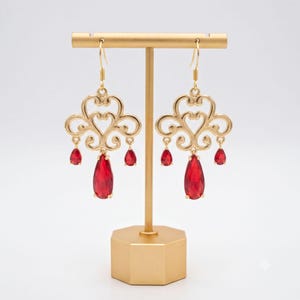 Chandelier Earrings: Ruby Red Glass Drops (Gold Filigree Design)