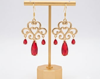 Chandelier Earrings: Ruby Red Glass Drops (Gold Filigree Design)