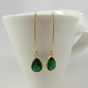 Emerald Green Teardrop Crystal Earrings, Long Hook Earrings, Green Dangle Earrings, Dark Green Drop Earrings, Wedding Jewelry, Handmade |8