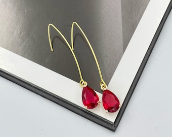 Handmade Ruby Red Crystal Teardrop Earrings, 24K Gold Plated Hooks