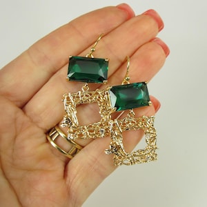 Emerald Green Crystal with Gold Geometric Charm Pendant Earrings, Green Statement Earrings, Wedding Jewelry, Handmade Gift for Mom |8