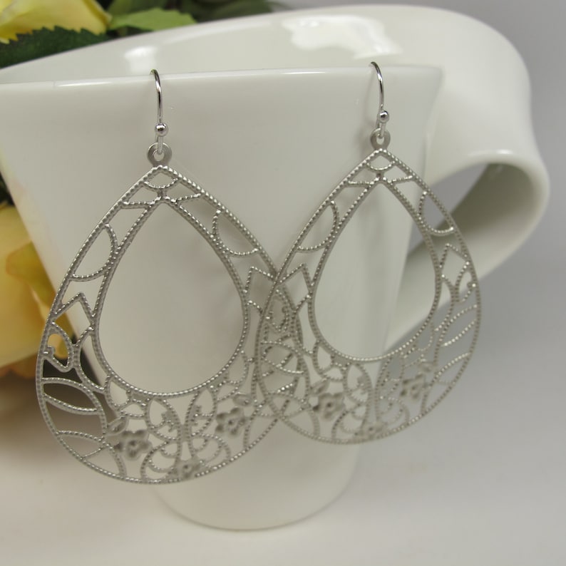 Statement Earrings Large Matte Silver Filigree Earrings Large Teardrop Earrings Bohemian Filigree Dangle Earrings Boho Moroccan Earrings
