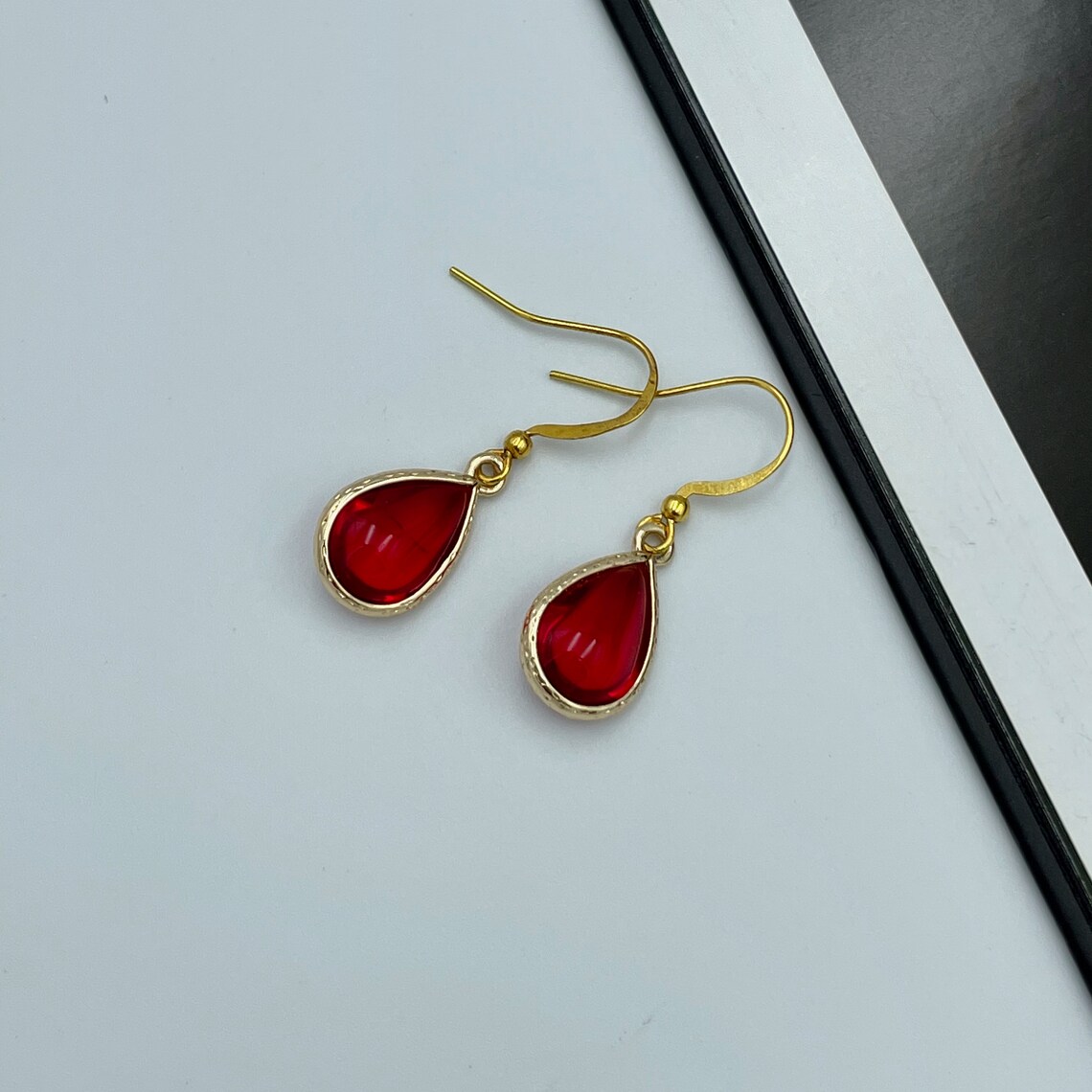 Scarlet Red Earrings Gold Drop Earrings Bright Red Drop - Etsy