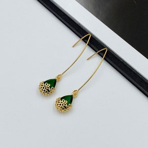 Emerald Green Gold Dangle Statement Earrings, Long Hook Style, Elegant Wedding Jewelry, Dark Green Drop Earrings, Handmade Earrings |5
