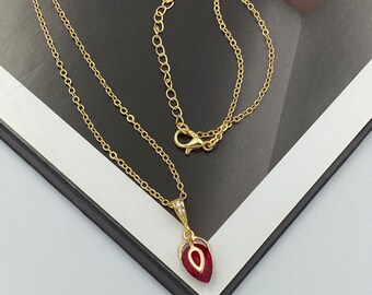 Ruby Red Teardrop Charm Necklace, Scarlet Red Teardrop Pendant Necklace, Ruby Red Charm Necklace, Gold Layering Necklace, Handmade |11