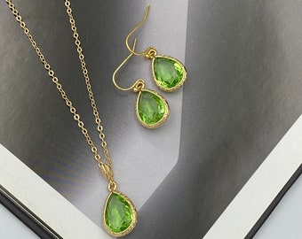 Peridoot groene druppel geboortesteen sieraden, gepersonaliseerd cadeau, kristallen geboortesteen ketting oorbellen, verjaardagscadeau, geboortesteen augustus | ST1