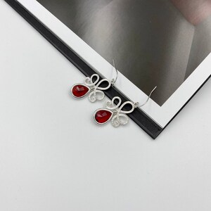 Ruby Red Crystal Earrings, Matte Silver Swirly Filigree Earrings, Ruby Red Teardrop Earrings, Red Statement Earrings, Gift for Mom |ST1