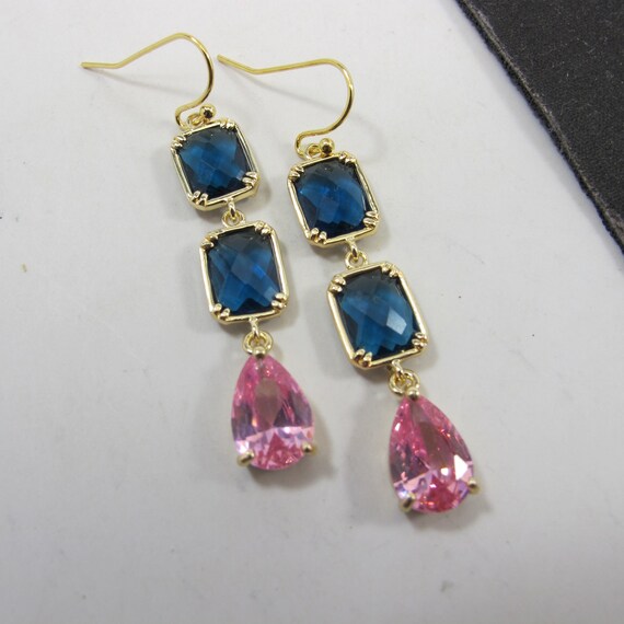Statement Navy Blue and Pink Earrings Pink Crystal Earrings Navy