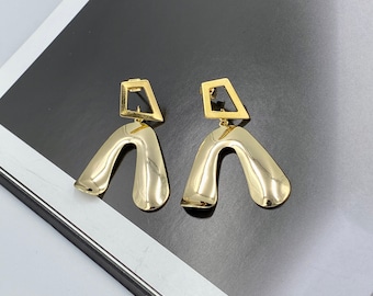 Gold Geometric Post Statement Earrings, Gold Glossy Earrings, Geometric Earrings, Gold Drop Dangle Earrings, Stud Earrings, Gift for Her |14