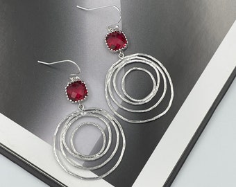 Ruby Red Silver Circle Statement Earrings, Layered Circle Earrings, Textured Circle Silver Earrings, Ruby Red Crystal Earrings, Handmade |13