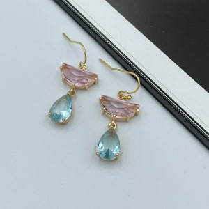 Sky Blue and Lemonade Pink Crystal Statement Earrings, Blue Teardrop Earrings, Pink Earrings, Blue Wedding Jewelry, Blue Pink Earrings |3