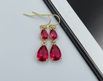 Pink Teardrop Crystal Dangle Earrings, Gold Framed, Wedding Jewelry