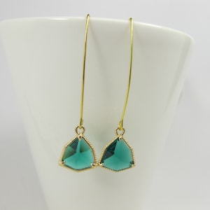 Emerald Green Earrings, Long Hook Gold Earrings, Gold Dangle Earrings, Dark Green Drop Earrings, Gold Green Earrings, Wedding Jewelry |1