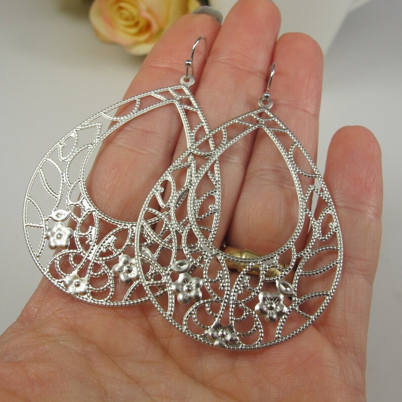 Statement Earrings Large Matte Silver Filigree Earrings Large Teardrop Earrings Bohemian Filigree Dangle Earrings Boho Moroccan Earrings