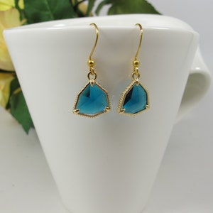 Sea Blue Earrings, Triangle Blue Earrings, Gold Dangle Earrings, Marine Blue Drop Earrings, Gold Blue Earrings, Blue Wedding Jewelry |1