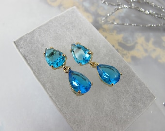 Crystal Drop Earrings: Topaz Blue  Teardrop studs (Gold Frame)