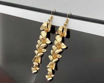 Gold Orchids Earrings, Glossy Gold Flowers Long Dangle Earrings, Wedding Jewelry, Orchids Earrings, Cascade Orchids Flowers Earrings |9