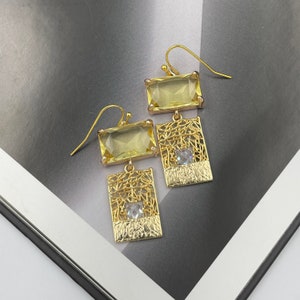 Topaz Yellow Statement Earrings, Gold Yellow Geometric Earrings, Chunky Yellow Crystal Earrings, Wedding Jewelry, Crystal Dangle Earrings |8