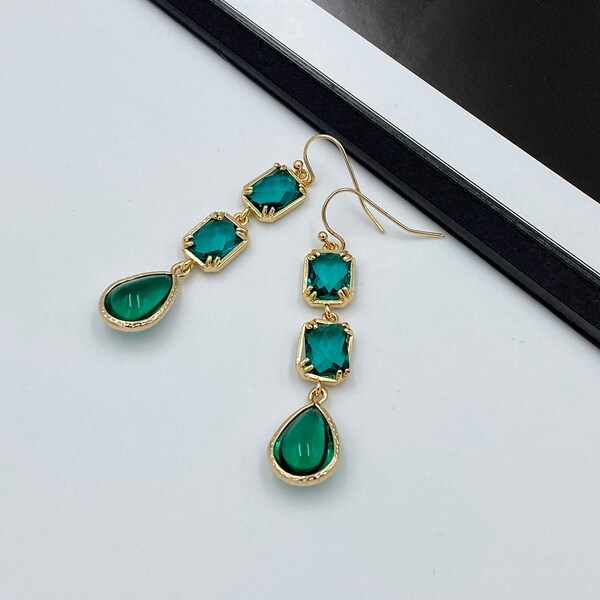 Emerald Green Gold Earrings, Gold Chandelier Earrings, Green Teardrop Earrings, Rose Dangle Earrings, Emerald Green Wedding Earrings