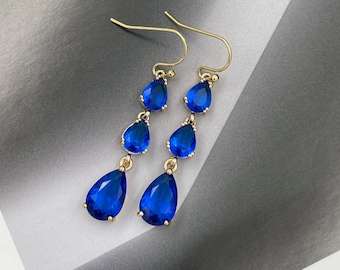 Sapphire Blue Crystal Earrings, Sapphire Blue Drop Earrings, Wedding Jewelry, Blue Teardrop Earrings, Bridesmaid Gift, Blue Earrings |2
