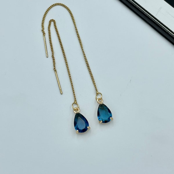 Dainty Blue Thread Teardrop Earrings, Yale Blue Gold Earrings, Statement Blue Drop Earrings, Long Blue Dangle Earrings, Thread Earrings |5