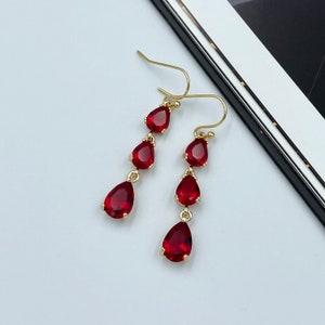 Ruby Red Crystal Teardrop Earrings, Gold Plated, July Birthstone