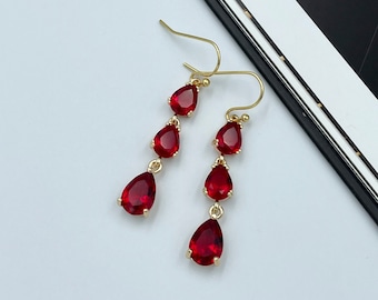 Ruby Red Crystal Teardrop Earrings, Gold Plated, July Birthstone