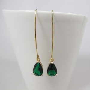 Emerald Green Gold Earrings, Long Hook Gold Earrings, Gold Dangle Earrings, Dark Green Drop Earrings, Green Earrings, Wedding Jewelry |3
