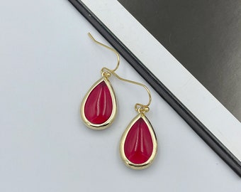 Handmade Ruby Red Teardrop Earrings, Gold Plated Crystal Drops