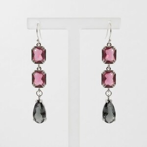 Statement Earrings, Fuchsia-Gray Teardrop Dangles | Silver-Frame | 2.25-Inch, Handmade Bridesmaid Jewelry