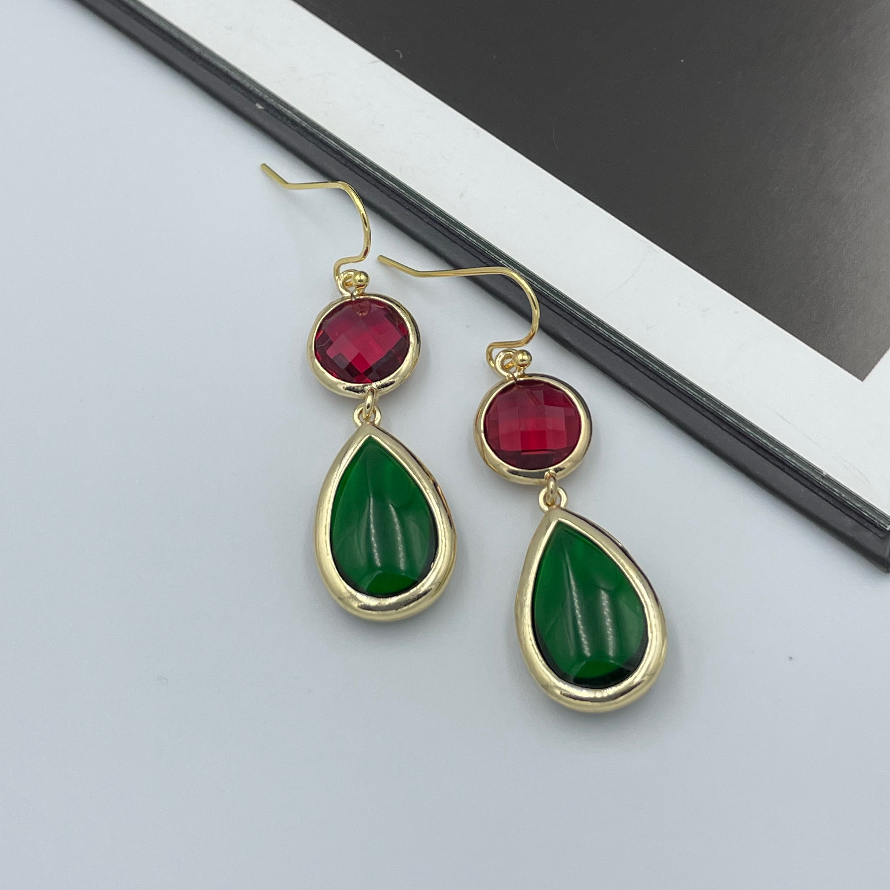 Ruby Red and Emerald Green Crystal Drop Earrings, Gold  display picture 3