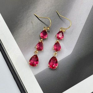 Ruby Pink Crystal Earrings, July Birthstone, Ruby Pink Drop Earrings, Wedding Jewelry, Pink Teardrop Earrings, Bridesmaid Pink Earrings |2