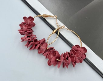 Flower Hoop Statement Earrings, Dark Red Flower Earrings, Decorative Hoops Earrings, Gold Hoop Earrings, Modern Earrings, Gold Earrings |B1