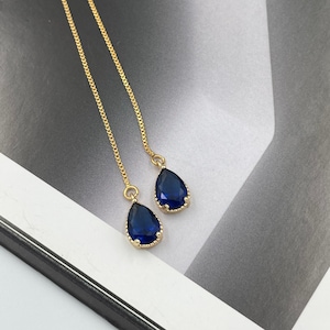 Dainty Royal Blue Thread Earrings, Teardrop Earrings, Statement Blue Drop Earrings, Royal Blue Statement Earrings, Gold Thread Earrings |5