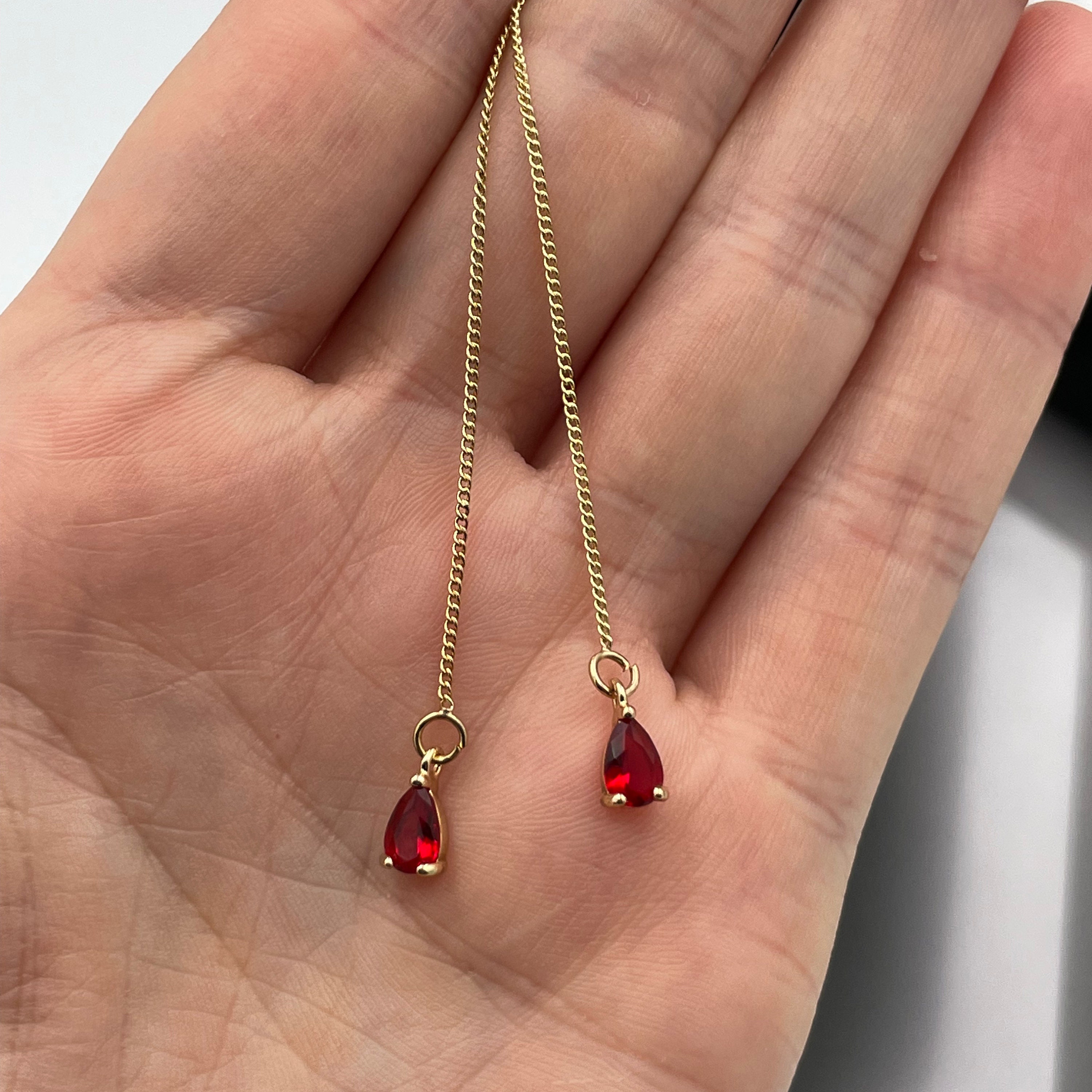 Dainty Ruby Red Thread Earrings Tiny Red Teardrop Earrings Etsy