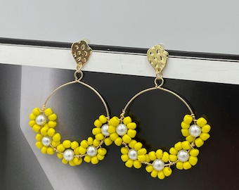 Yellow Flower Hoop Earrings, Decorative Hoops, Yellow Beaded Hoop Earrings, Boho Earrings, Artisan Earrings, Seed Bead Stud Earrings |KS