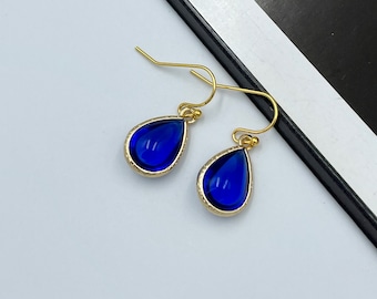 Cobalt Blue Teardrop Earrings, Blue Glass Teardrop Earrings, Blue Crystal Earrings, Wedding Bridesmaid Earrings, Statement Earrings |9