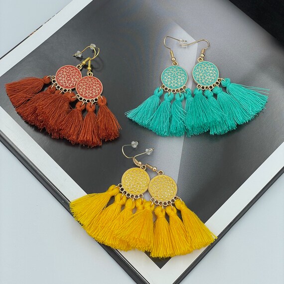 Bohemian Bronze Orange Tassel Earrings Dark Orange Tassel