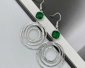 Emerald Green Silver Circle Statement Earrings, Layered Circle Earrings, Textured Circle Silver Earrings, Emerald Green Crystal Earrings |13