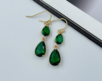Emerald Green Crystal Teardrop Dangle Earrings, Wedding Jewelry