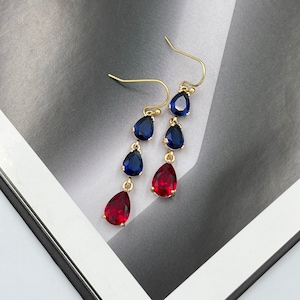 Ruby Red and Dark Blue Crystal Earrings, Navy Blue Drop Earrings, Wedding Jewelry, Teardrop Earrings, Bridesmaid Gift, Red Blue Earrings |2