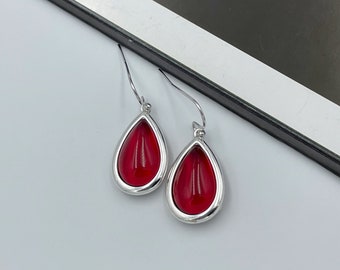 Ruby Red Teardrop Crystal Earrings, Silver Plated, Statement Jewelry