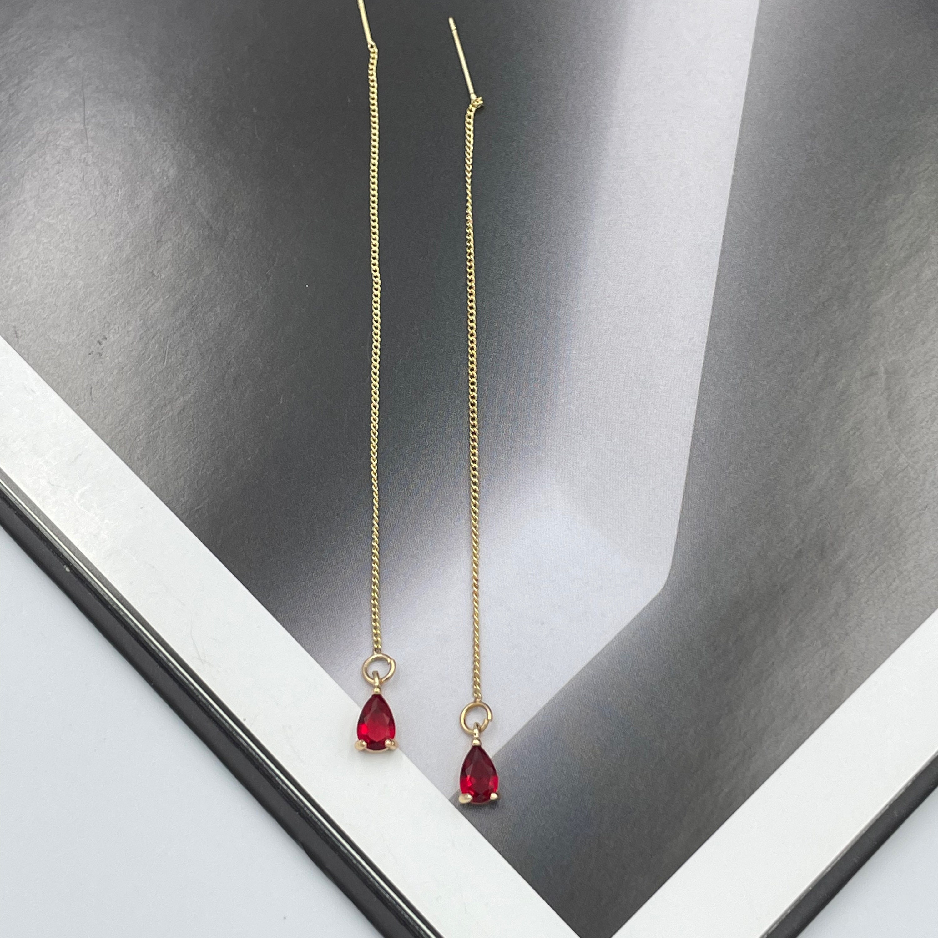 Dainty Ruby Red Thread Earrings Tiny Red Teardrop Earrings Etsy