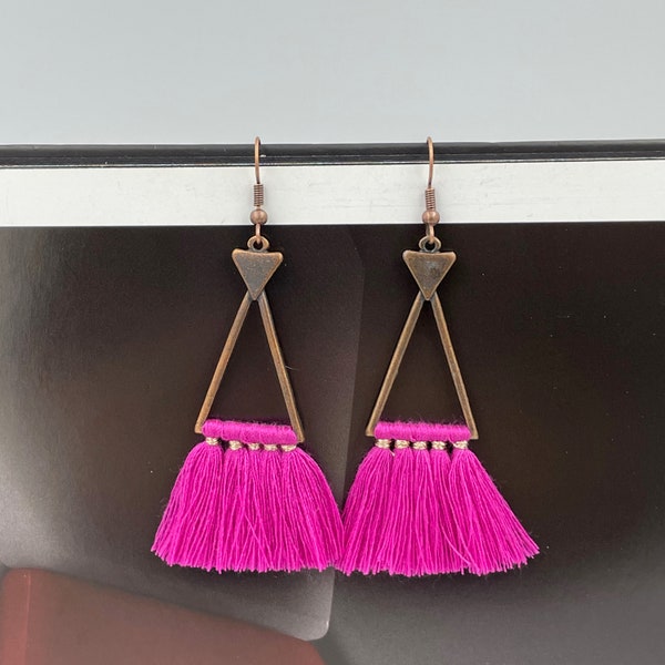 Magenta Pink Tassel Earrings, Bohemian Fuchsia Tassel Earrings, Geometric Earrings, Hot Pink Cotton Tassel Earrings, Modern Earrings |B4