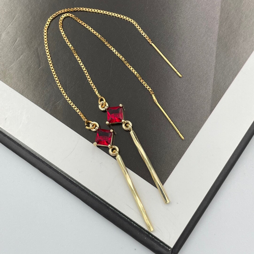 Dainty Ruby Red Thread Earrings, Tiny Red Teardrop Earrings, Statement