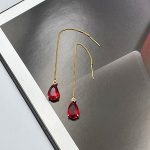 Delicados pendientes colgantes de hilo rojo rubí, pendientes de lágrima roja, pendientes colgantes llamativos de color rojo rubí, pendientes largos colgantes de color rojo /3