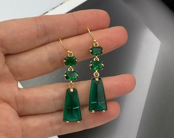 Emerald Green Crystal Dangle Earrings, 24K Gold Plated, Statement Jewelry